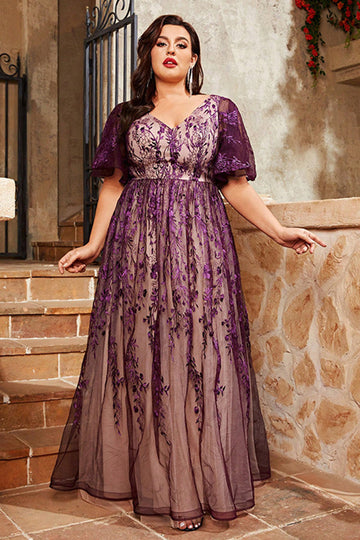 Purple A Line Long Mother of the Bride Dress with Appliques